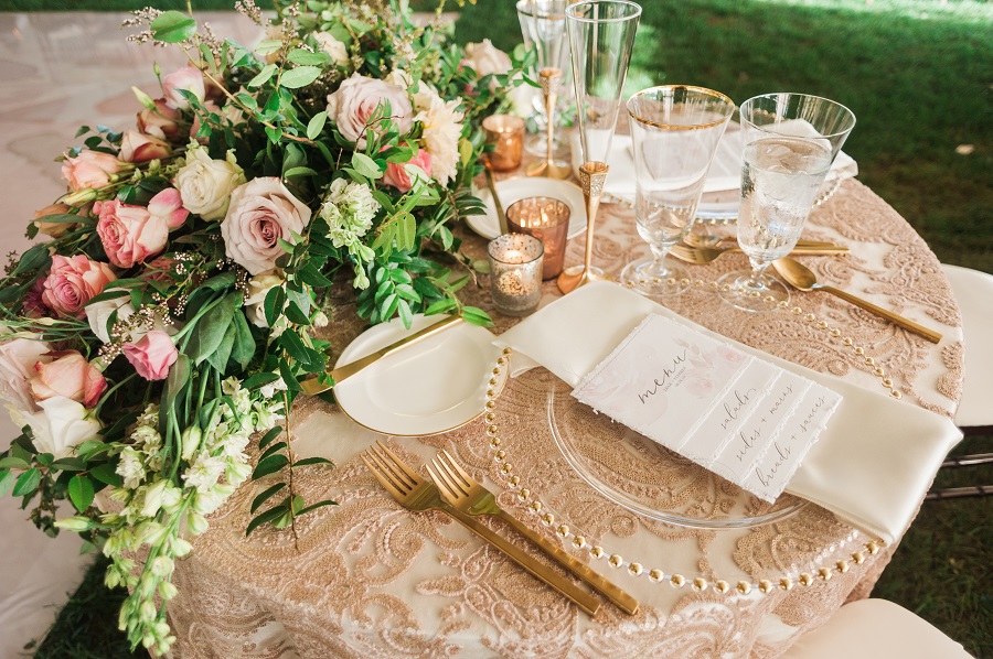 Sparkly, sequined linens as well as the chiffon throughout the tent makes this event stand out from the others.