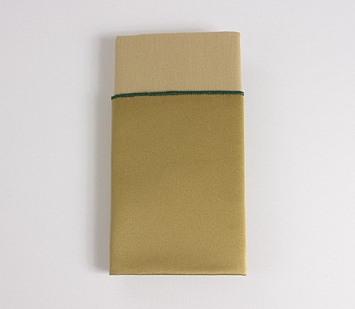 Gold Lamour Dinner Napkin with Camel Cotton Backing and Forest Trim