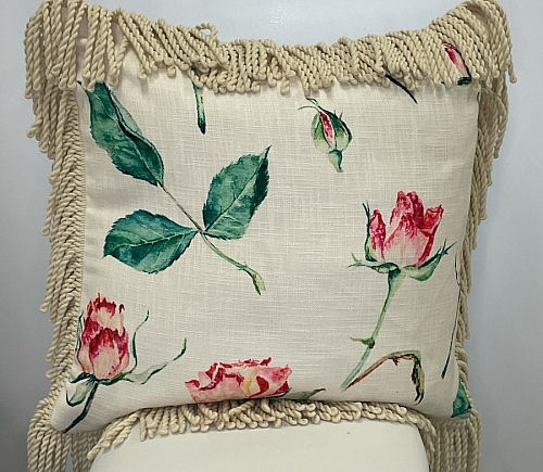 Watercolor Rose Panama Pillow with Fringe
