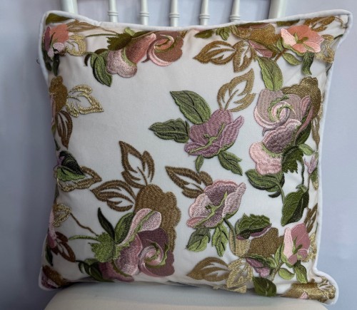 Embroidered Rose Veranda Pillows w/ White Velvet Backing